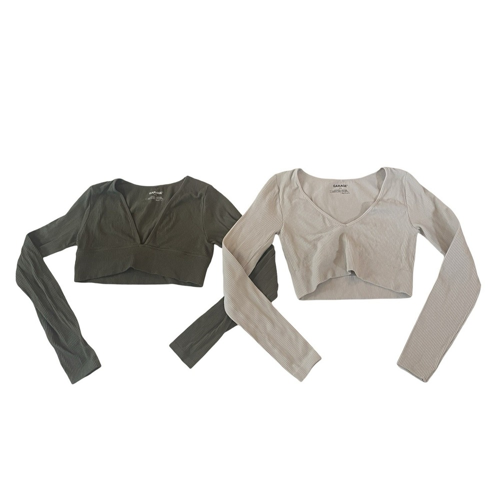 Garage Size P/S Ribbed Athletic Crop Tops Long Sleeve, Lot of 2, Tan & Green